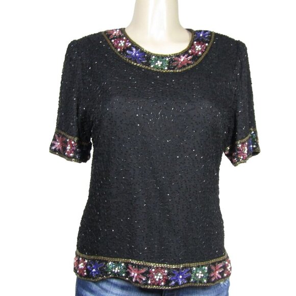 VTG 80s 90s SILK Beaded Sequin GLAM Holiday Event Party Kazar Blouse Top PL - Picture 1 of 12